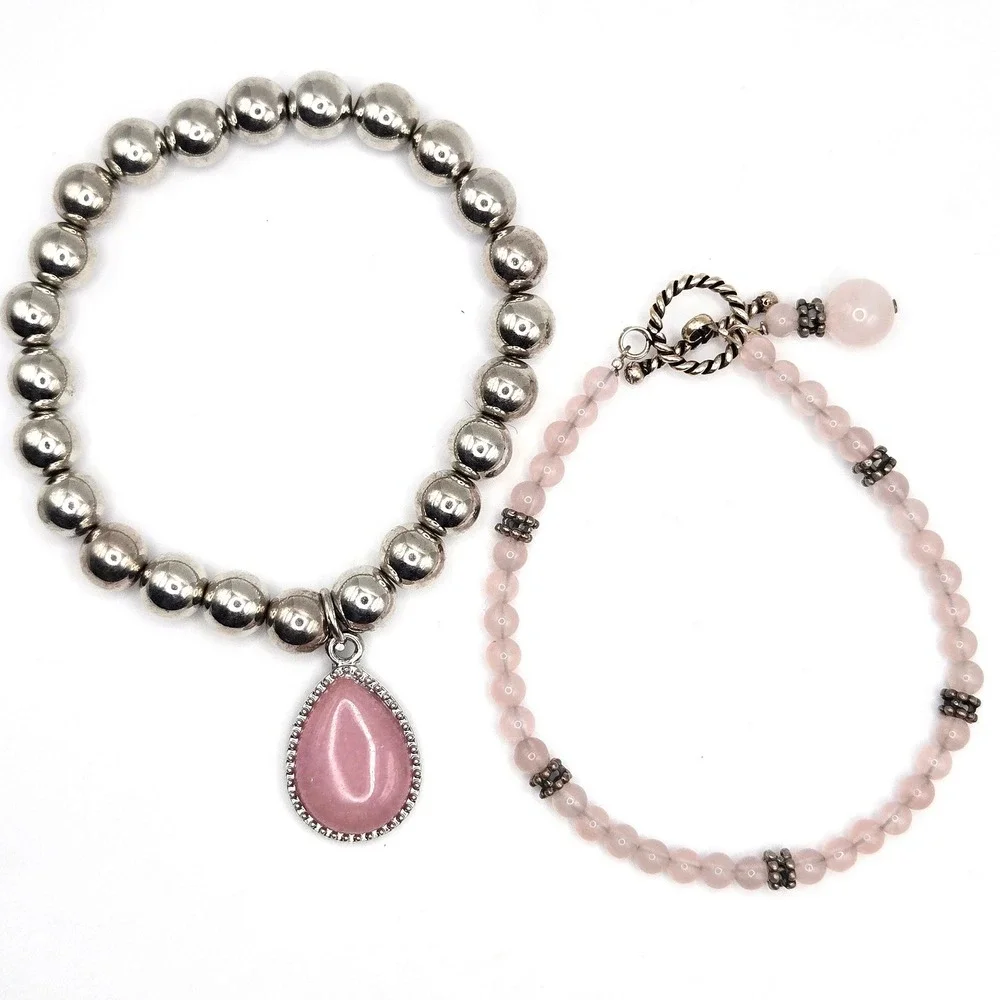 Two Beaded Bracelets Silver Tone Beads Pink Charm & Rose Quartz Toggle Closure‎